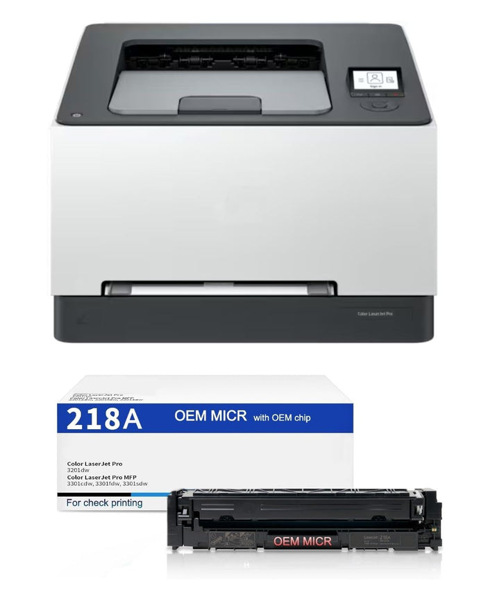 HP 3201DW LaserJet Pro Check Printer with 218A OEM W2180A MICR + CMY Color Toner Set