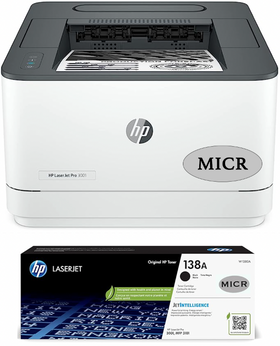 HP 3001dw MICR Printer and 1 HP W1380A 138A MICR Cartridge