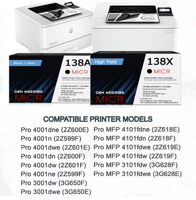 HP 138X OEM Modified W1380X MICR Toner Cartridge (High Yield)