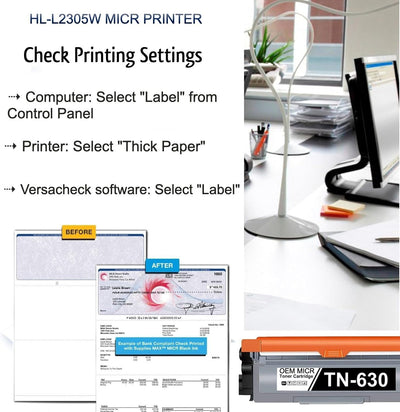 Brother HL-L2305W MICR Check Printer with OEM TN-630 MICR Toner Cartridge
