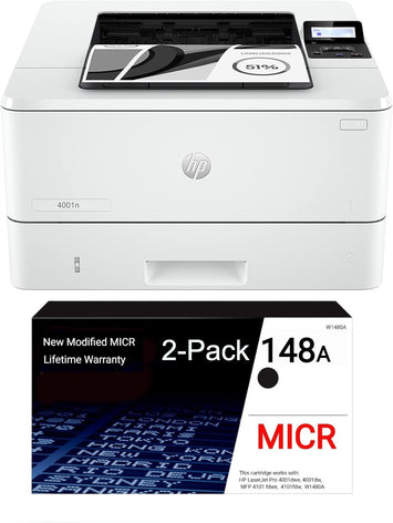 HP 4001n LaserJet Pro MICR Printer and 2 OEM Modified 148A MICR Cartridges